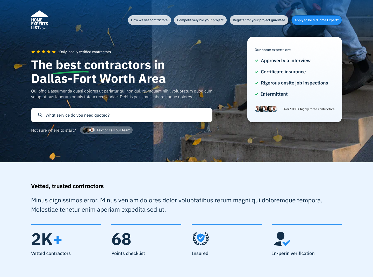 Homepage of Home Experts List showing search bar for local contractors in Dallas-Fort Worth with benefits like interview approval, insurance, onsite inspections, and statistics on vetted contractors.
